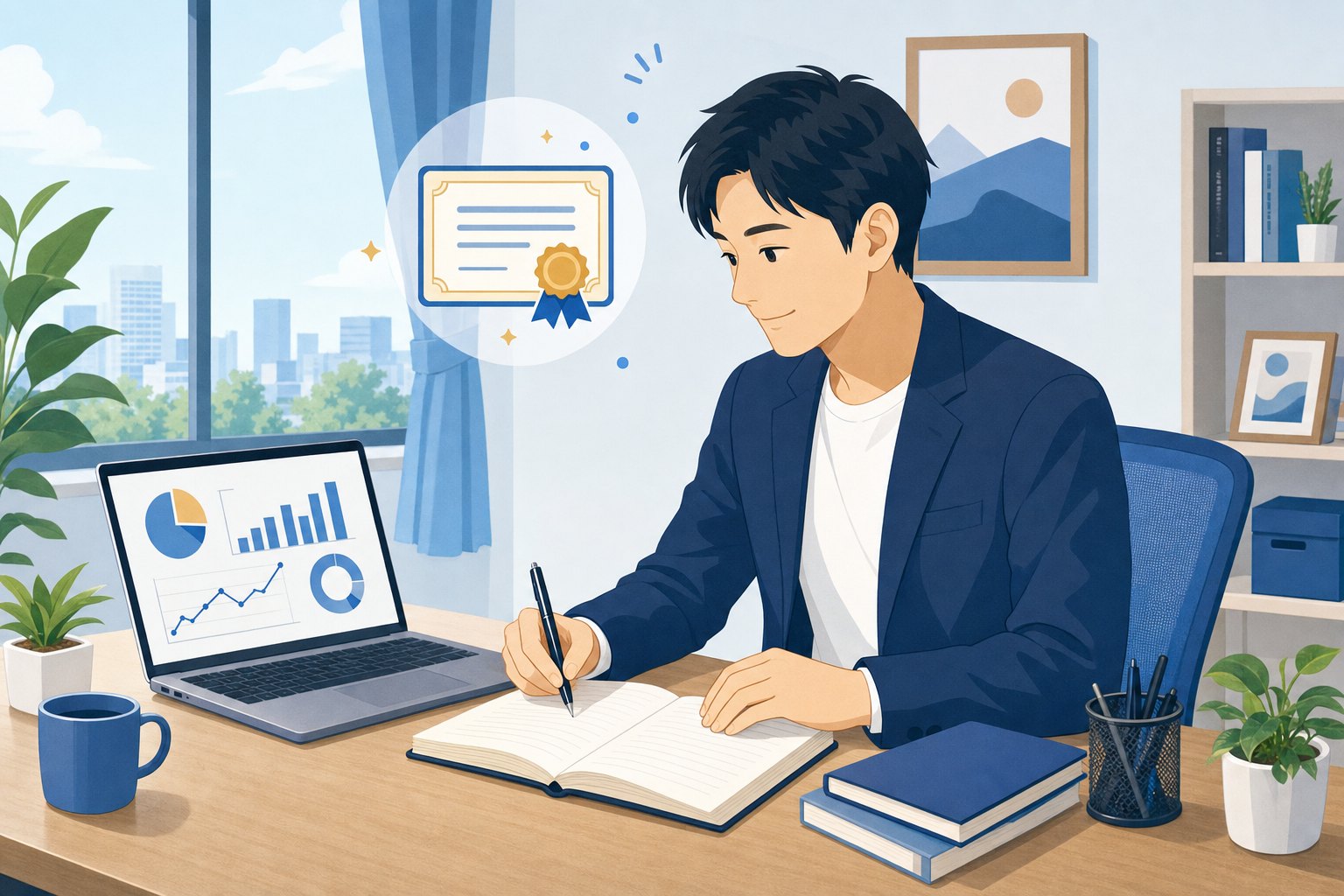 机でAI資格の勉強をしている人